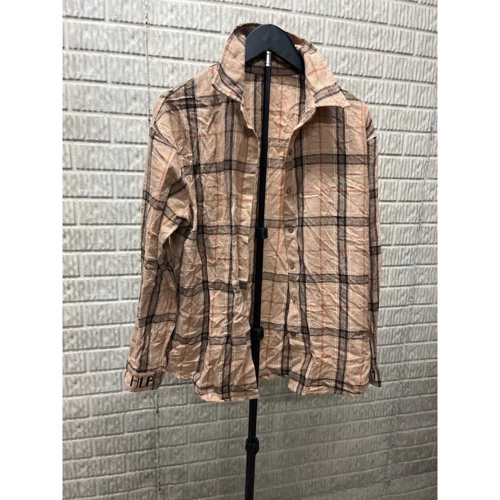 Unbranded Plaid Button Down Shirt Light Brown Black Orange Long Slee Size Medium